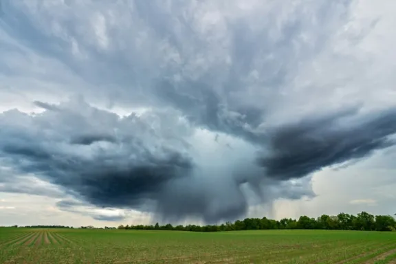 Gewitterwolken ziehen sich über einem grünen Feld zusammen.