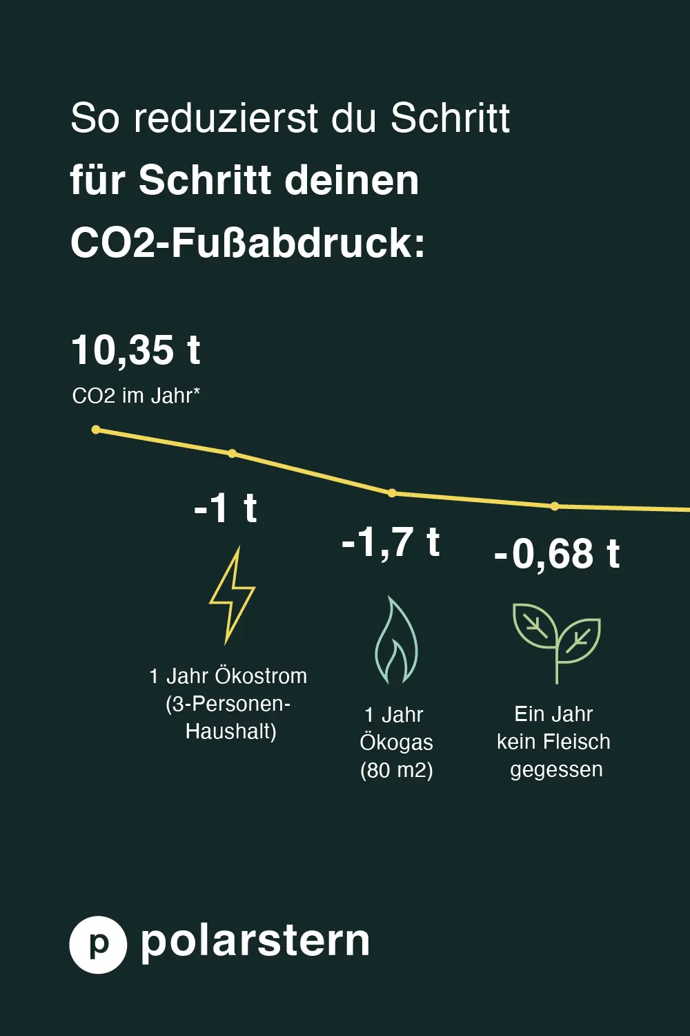 Infographic showing a 10.35t annual CO2 footprint reduced by 1t with green electricity, 1.7t with green gas, and 0.68t by not eating meat for a year.