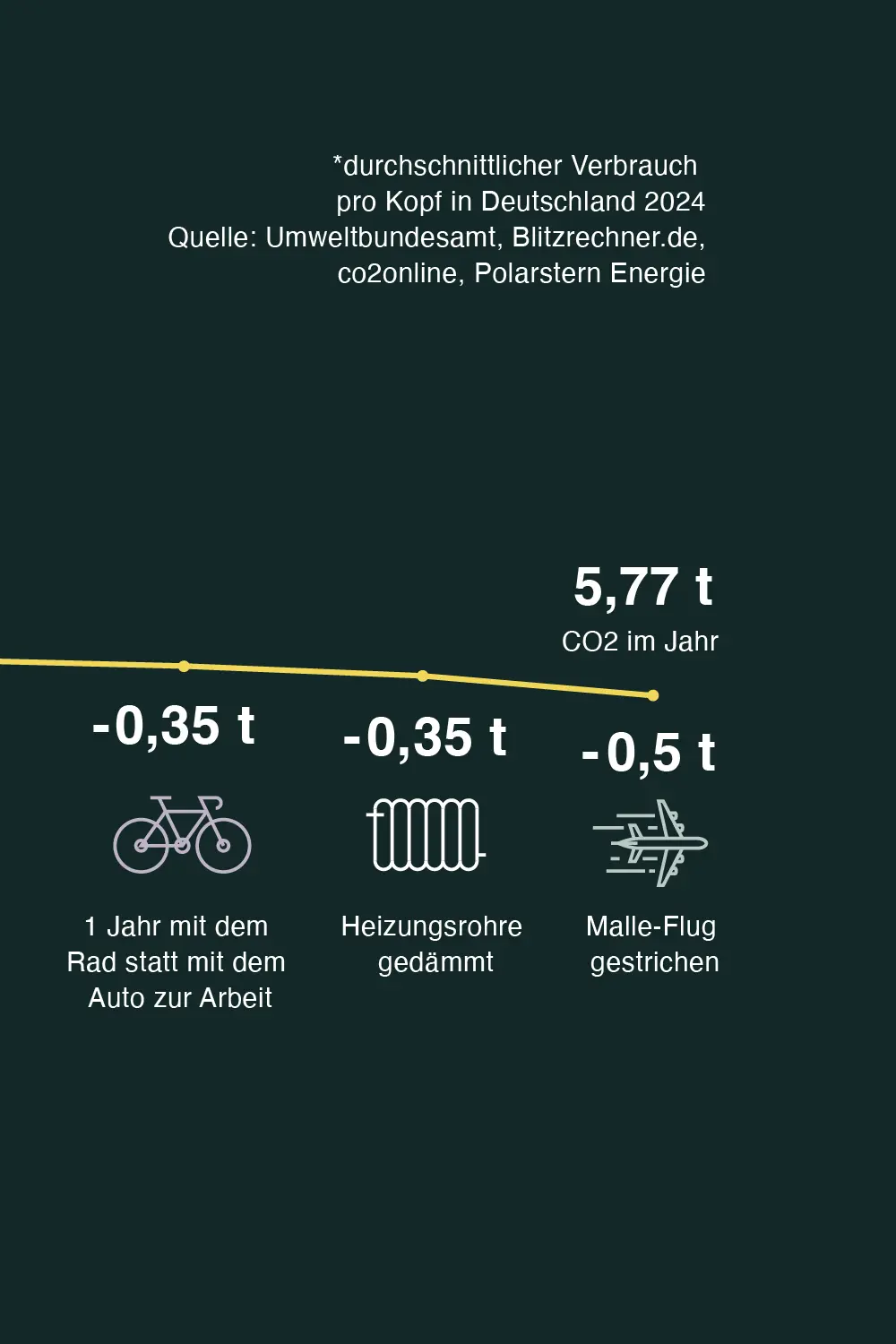 Infographic showing average CO2 consumption per capita in Germany (5.77 tons/year) and potential reductions: -0.35 t for biking to work for a year, -0.35 t for insulating heating pipes, and -0.5 t for canceling a flight to Mallorca.