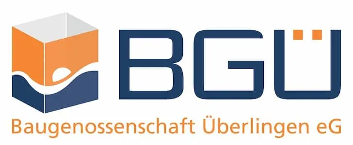 Logo für die BGU Baugenossenschaft Überlingen eG mit einem blau-orangen Kasten, der eine Sonne und ein Wellenmotiv zeigt.
