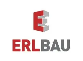 ERLBAU-Logo mit einem roten und grauen 3D-Buchstaben-E-Symbol über dem Schriftzug „ERLBAU“.