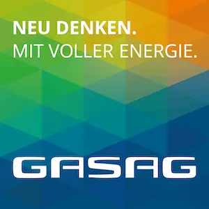 GASAG-Logo mit dem deutschen Slogan „NEU DENKEN. MIT VOLLER ENERGIE.“
