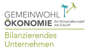 Logo für „Gemeinwohl-Ökonomie“ (Gemeinwohl-Ökonomie) „Bilanzierendes Unternehmen“ (berichtendes Unternehmen) mit einer Pusteblumen-Grafik.