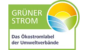 Umweltzeichen „Grüner Strom“ von Umweltverbänden, mit Sonne, Wasser und Land.