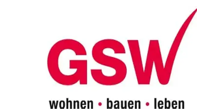 GSW-Logo mit roter Schrift und Häkchen sowie „wohnen • bauen • leben“ in schwarzer Schrift darunter.