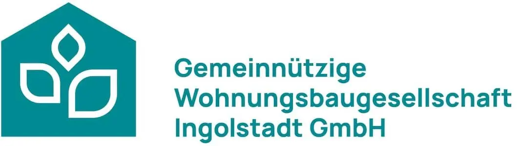 Logo für die Gemeinnützige Wohnungsbaugesellschaft Ingolstadt GmbH, mit einem türkisfarbenen Haus-Symbol mit drei weißen Blättern/Flammen.