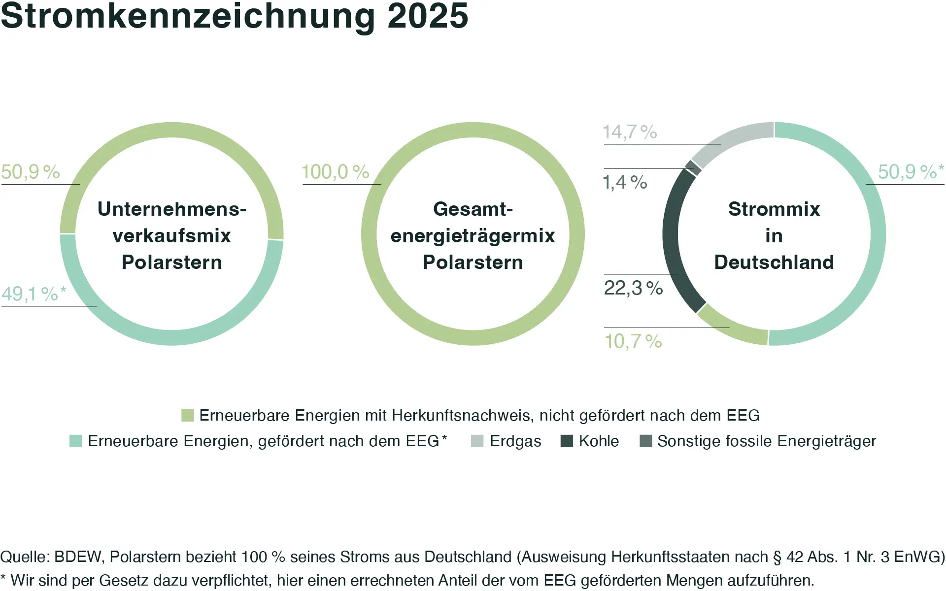 Quelle: BDEV Drei Kreisdiagramme zeigen die Strommixe für 2025. Der Absatzmix von Polarstern besteht zu 100 % aus erneuerbaren Energien (50,9 % nicht gefördert, 49,1 % durch das EEG gefördert). Der nationale Strommix Deutschlands besteht zu 50,9 % aus erneuerbaren Energien, 22,3 % Kohle, 10,7 % Erdgas, 1,4 % sonstigen fossilen Brennstoffen und 14,7 % sonstigen Quellen.