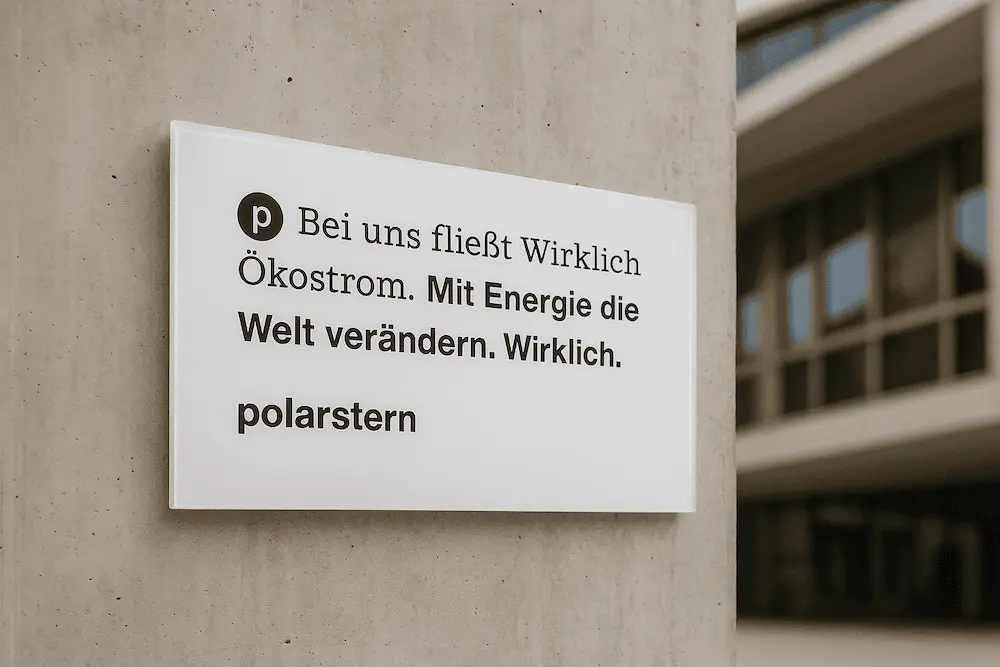 Ein Schild an einer Wand, auf dem "Bei uns fließt Wirklich Ökostrom. Mit Energie die Welt verändern. Wirklich. Polarstern" steht.