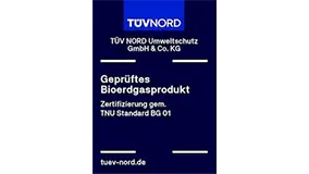 TÜV NORD-Zertifizierungszeichen für geprüftes Bioerdgasprodukt gemäß TNU-Standard BG 01.