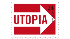 Ein roter Pfeil, der nach rechts zeigt, mit „UTOPIA“ auf dem Schaft und „24 utopia.de“ auf der Pfeilspitze, innerhalb eines stempelartigen Rahmens.